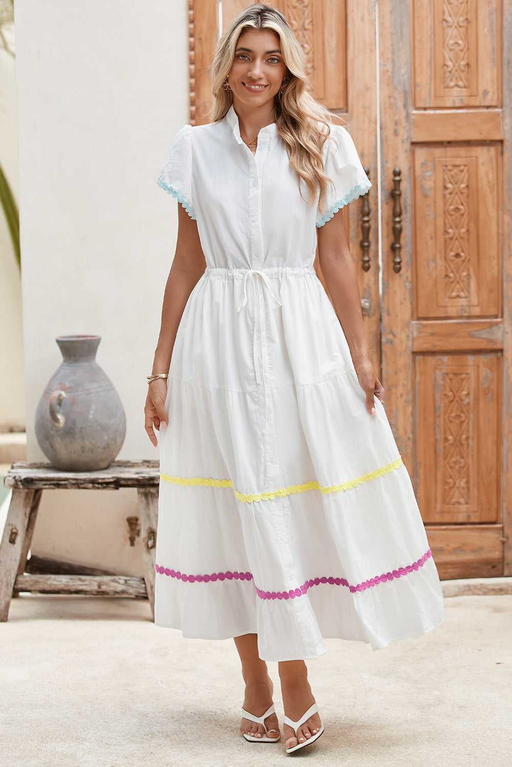 White High Waist Tiered Shirt Dress