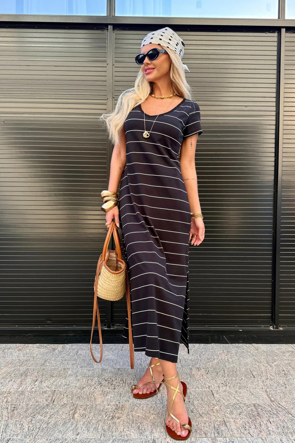 Black Stripe Casual Side Slit Maxi T‑Shirt Dress