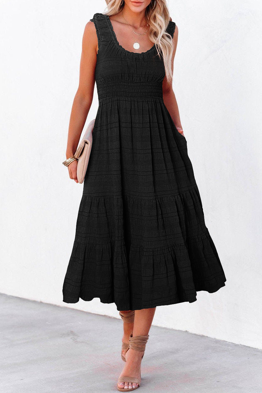 Black Shirred Pleated Square Neck Midi Dress
