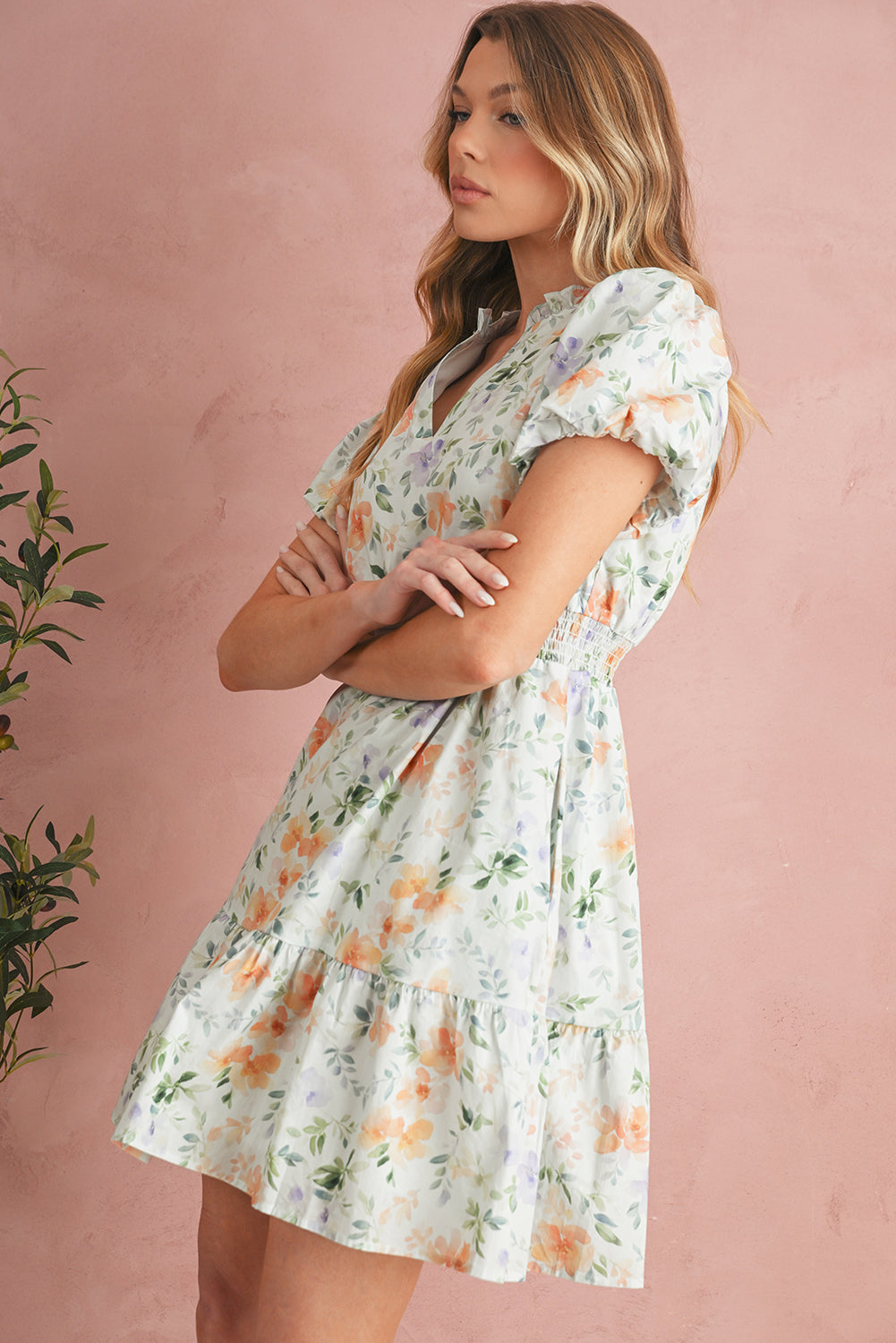 Beige Floral Smocked Puff Sleeve Mini Dres