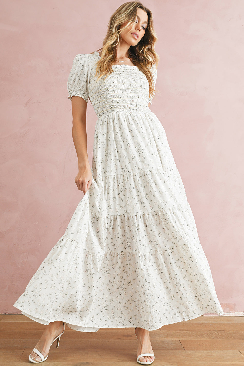 White Frill Neckline Shirred Floral Maxi
