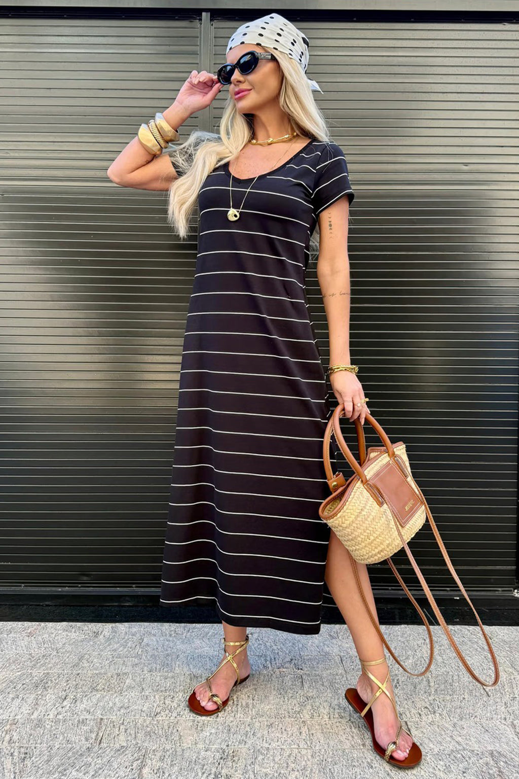 Black Stripe Casual Side Slit Maxi T‑Shirt Dress