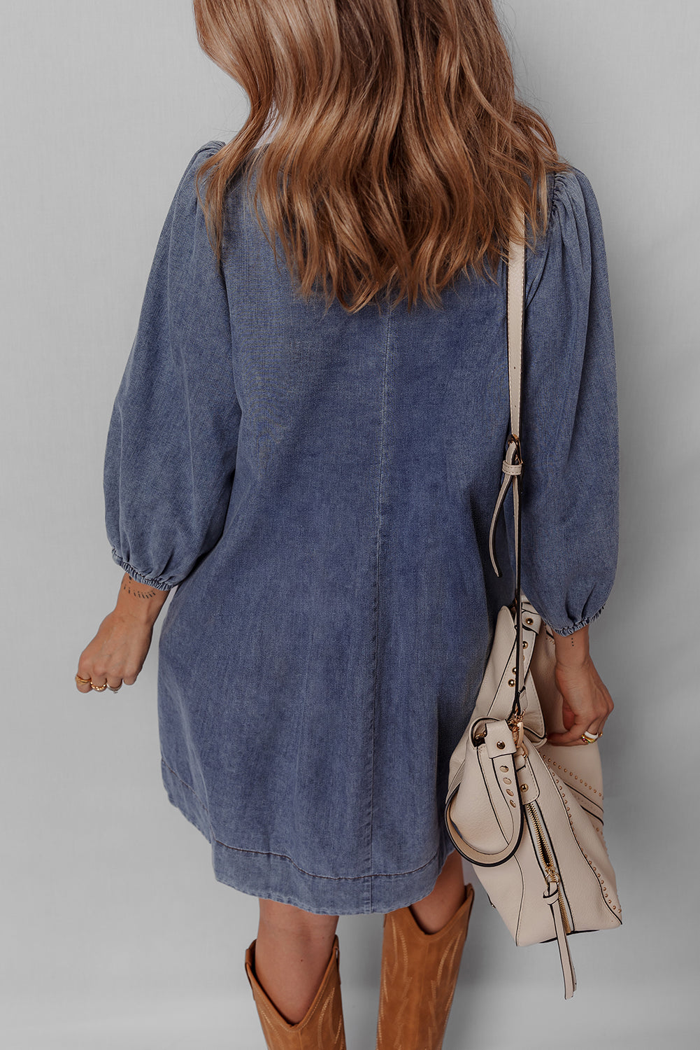 Blue Pleated V‑Neck Denim Mini Dress