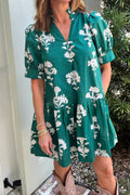 Green Frilled V‑Neck Floral Mini