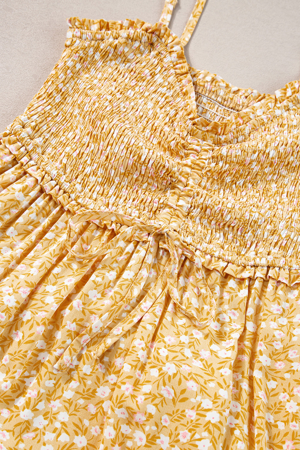 Yellow Frilly Smocked Floral Maxi Dress