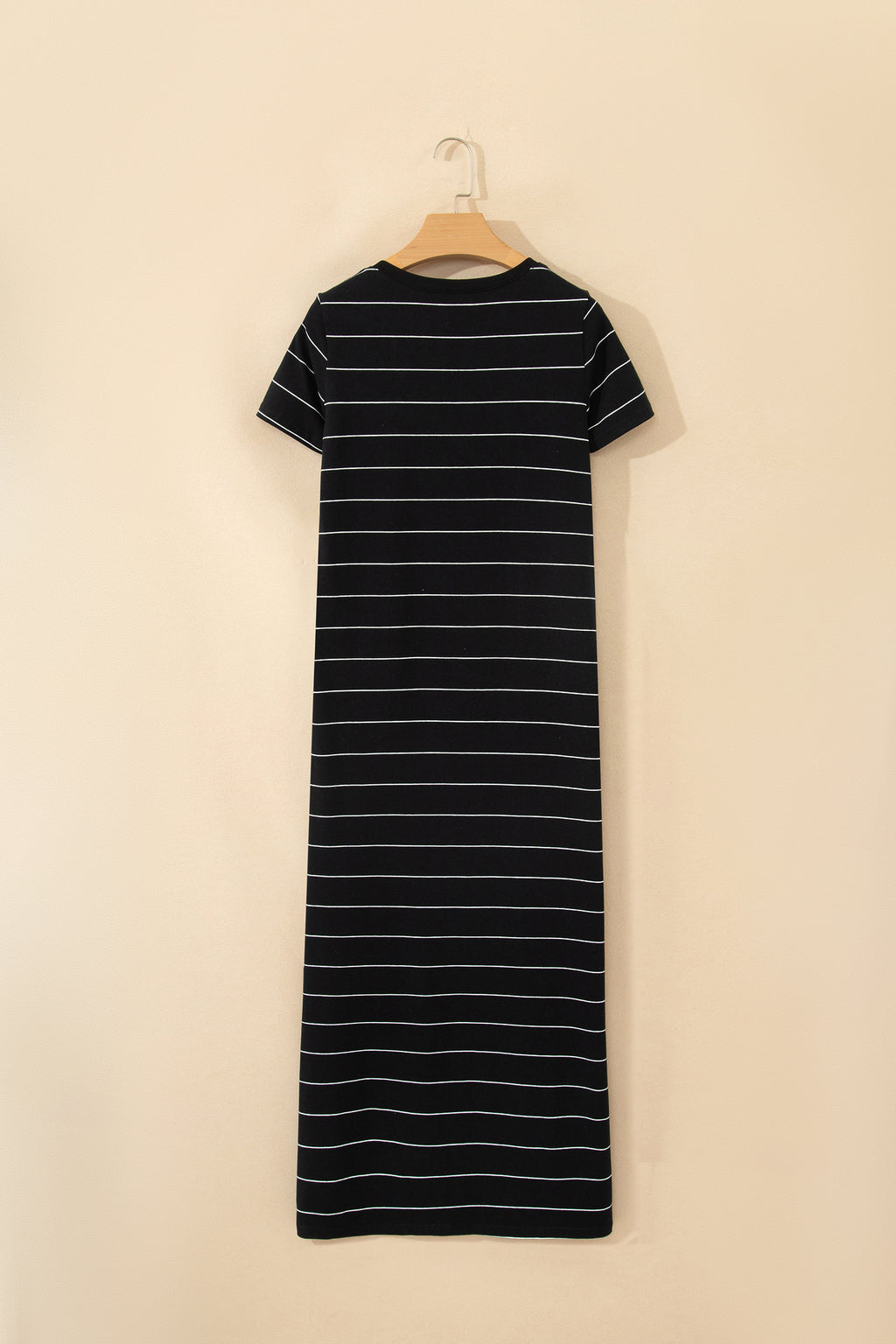 Black Stripe Casual Side Slit Maxi T‑Shirt Dress