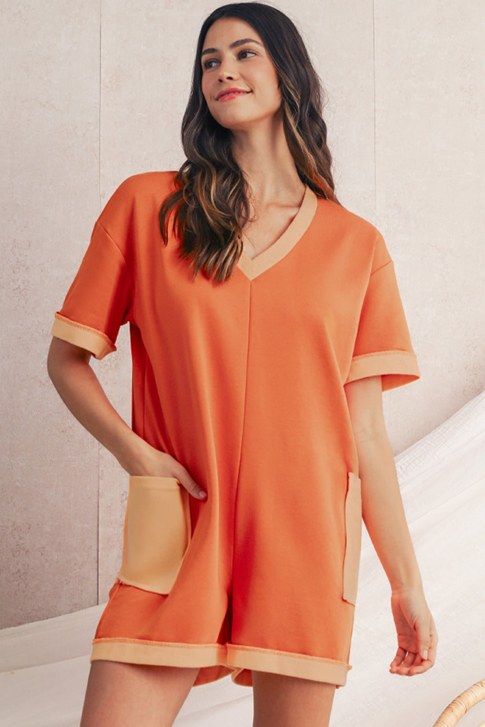 Russet Orange V‑Neck Pocket Romper