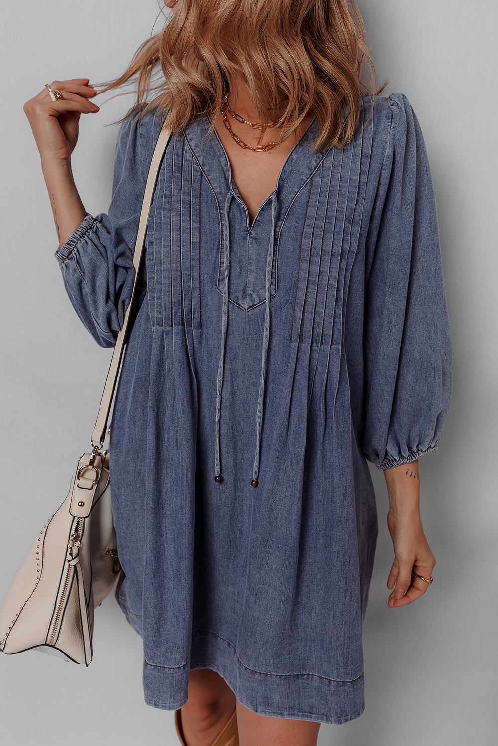 Blue Pleated V‑Neck Denim Mini Dress