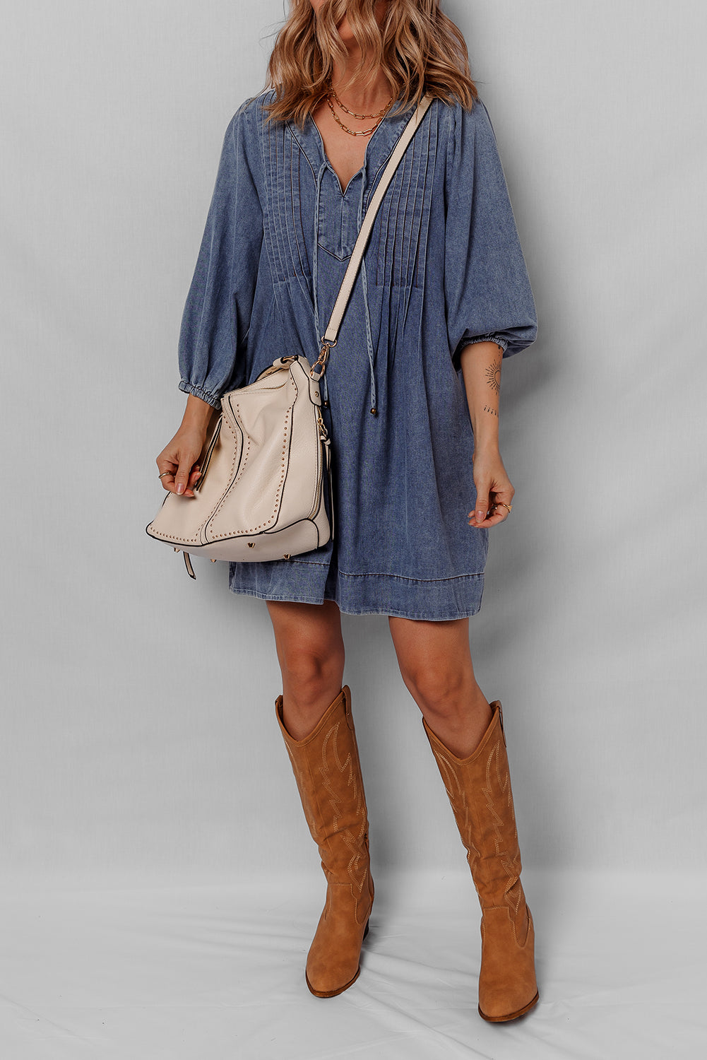 Blue Pleated V‑Neck Denim Mini Dress