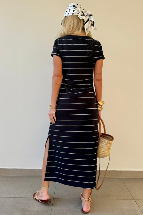 Black Stripe Casual Side Slit Maxi T‑Shirt Dress