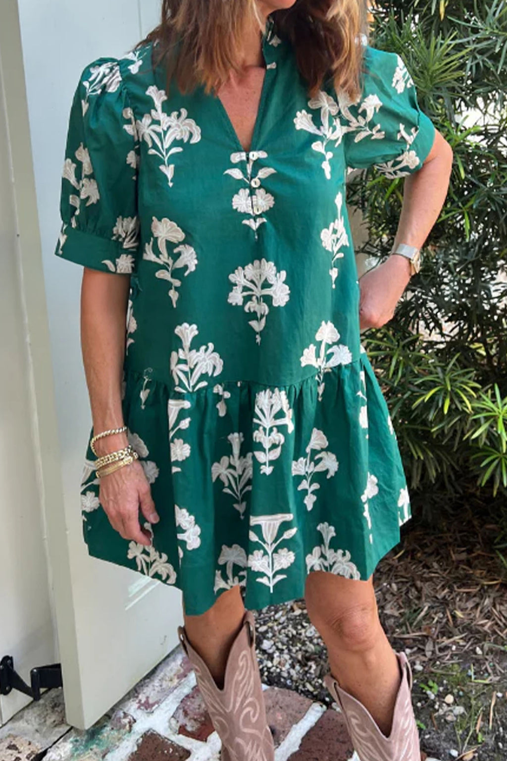 Green Frilled V‑Neck Floral Mini