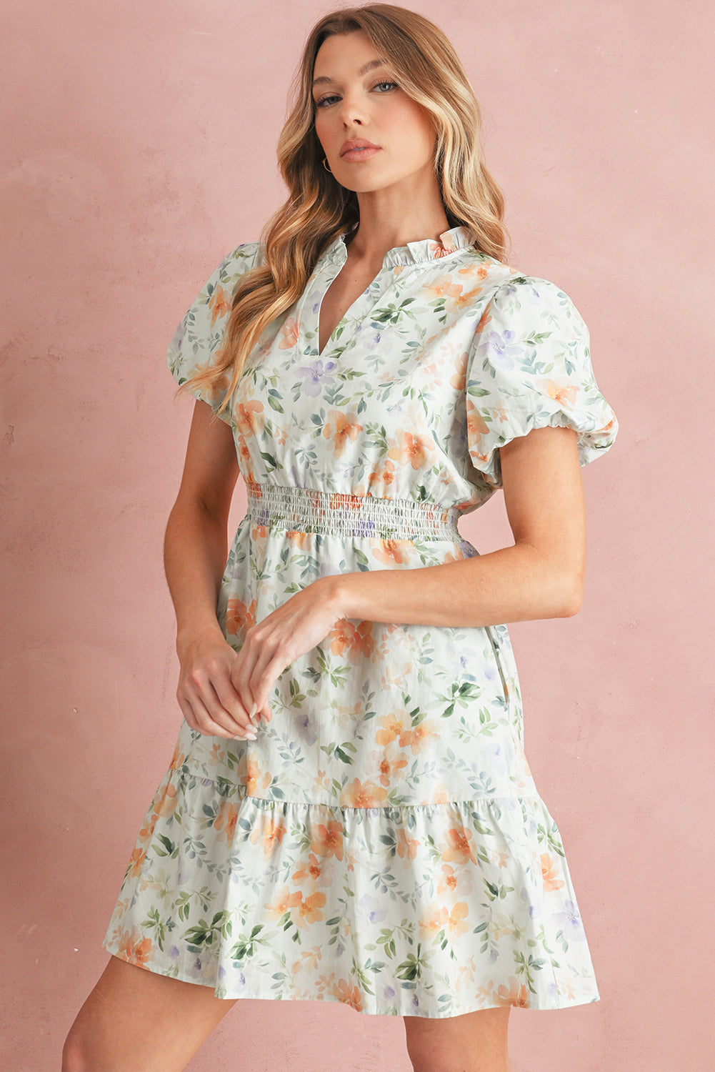 Beige Floral Smocked Puff Sleeve Mini Dres