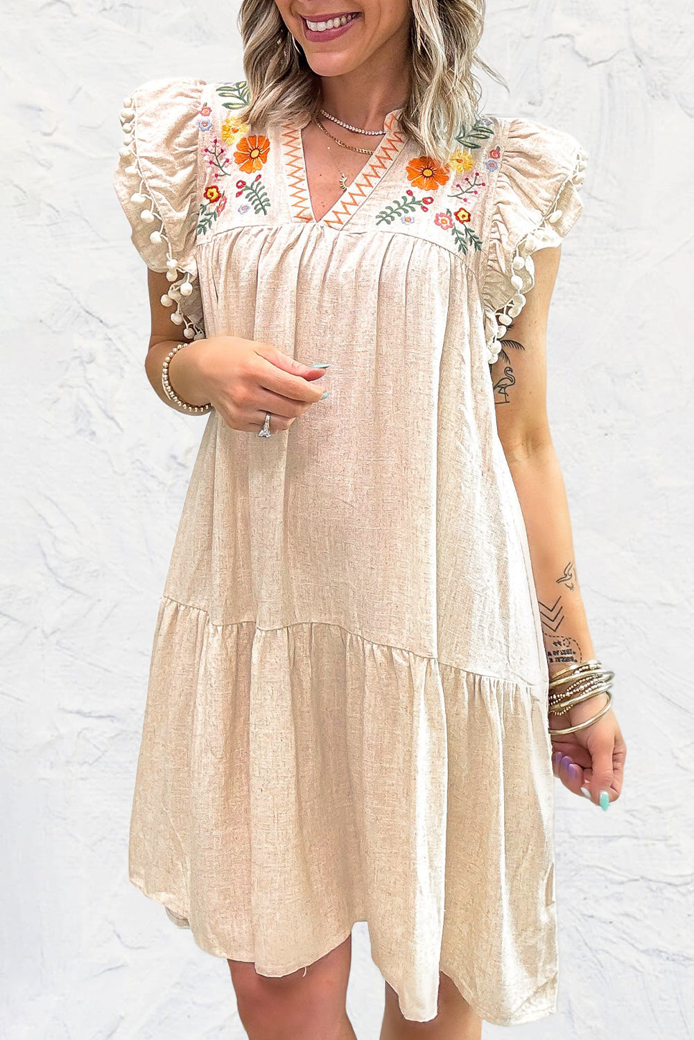 Jet Stream Embroidered Pom Pom Ruffle Dress