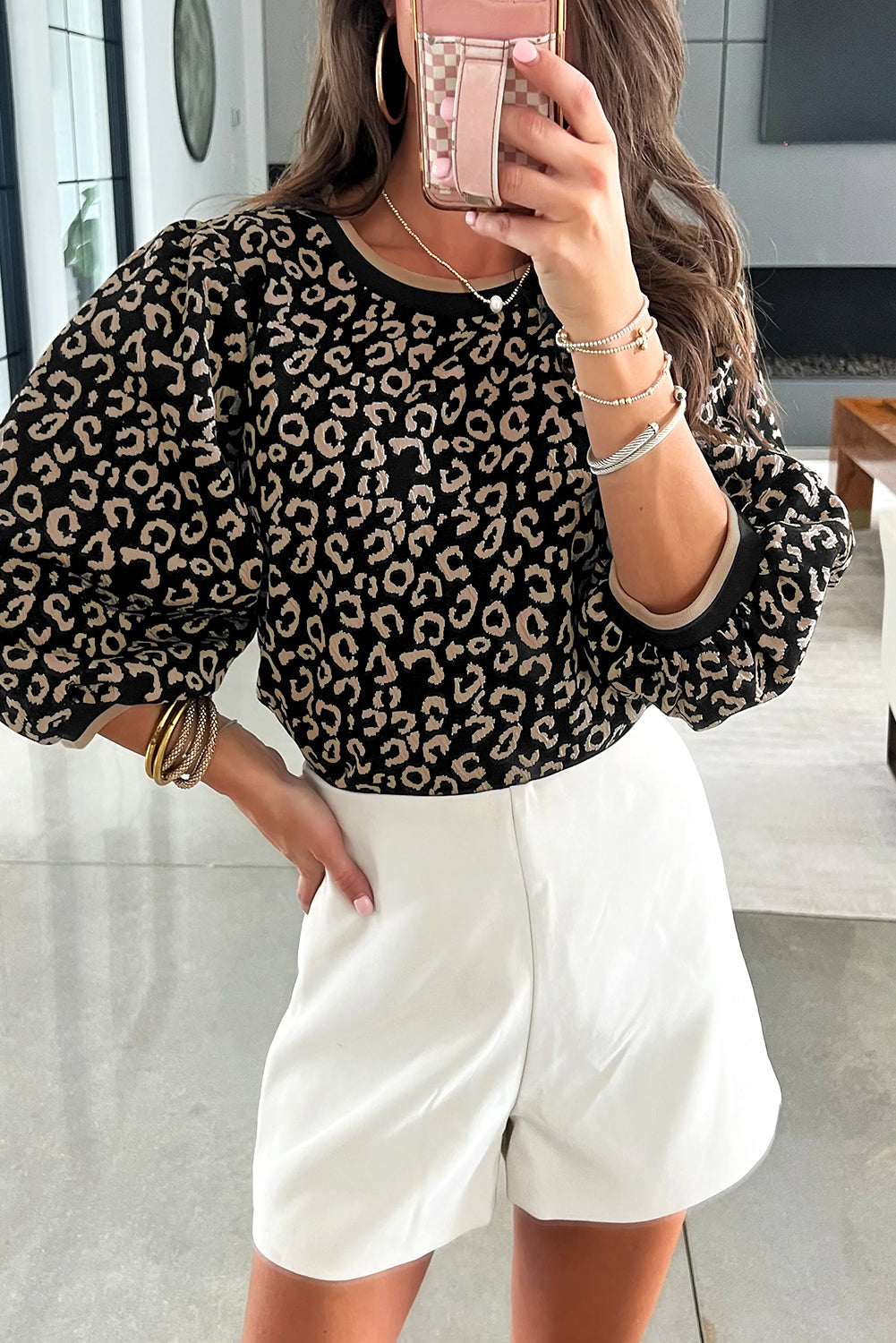 The Noir Leopard Trim Bracelet‑Sleeve Top