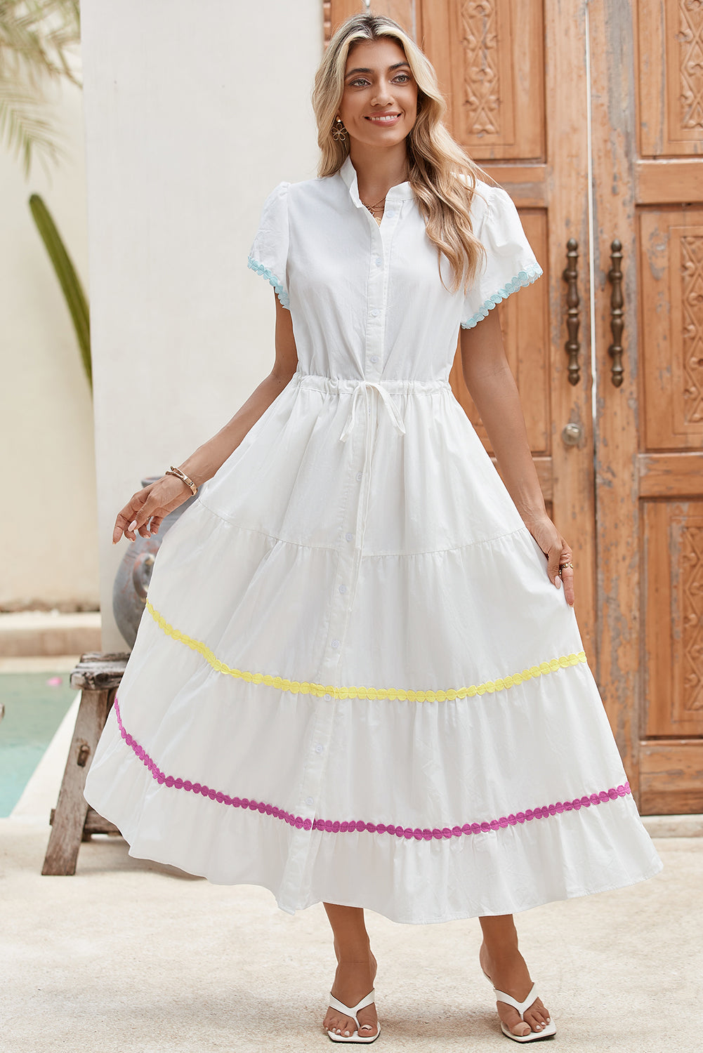 White High Waist Tiered Shirt Dress