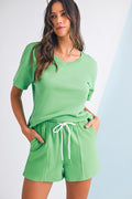 Mint Green V‑Neck Patchwork Shorts Set