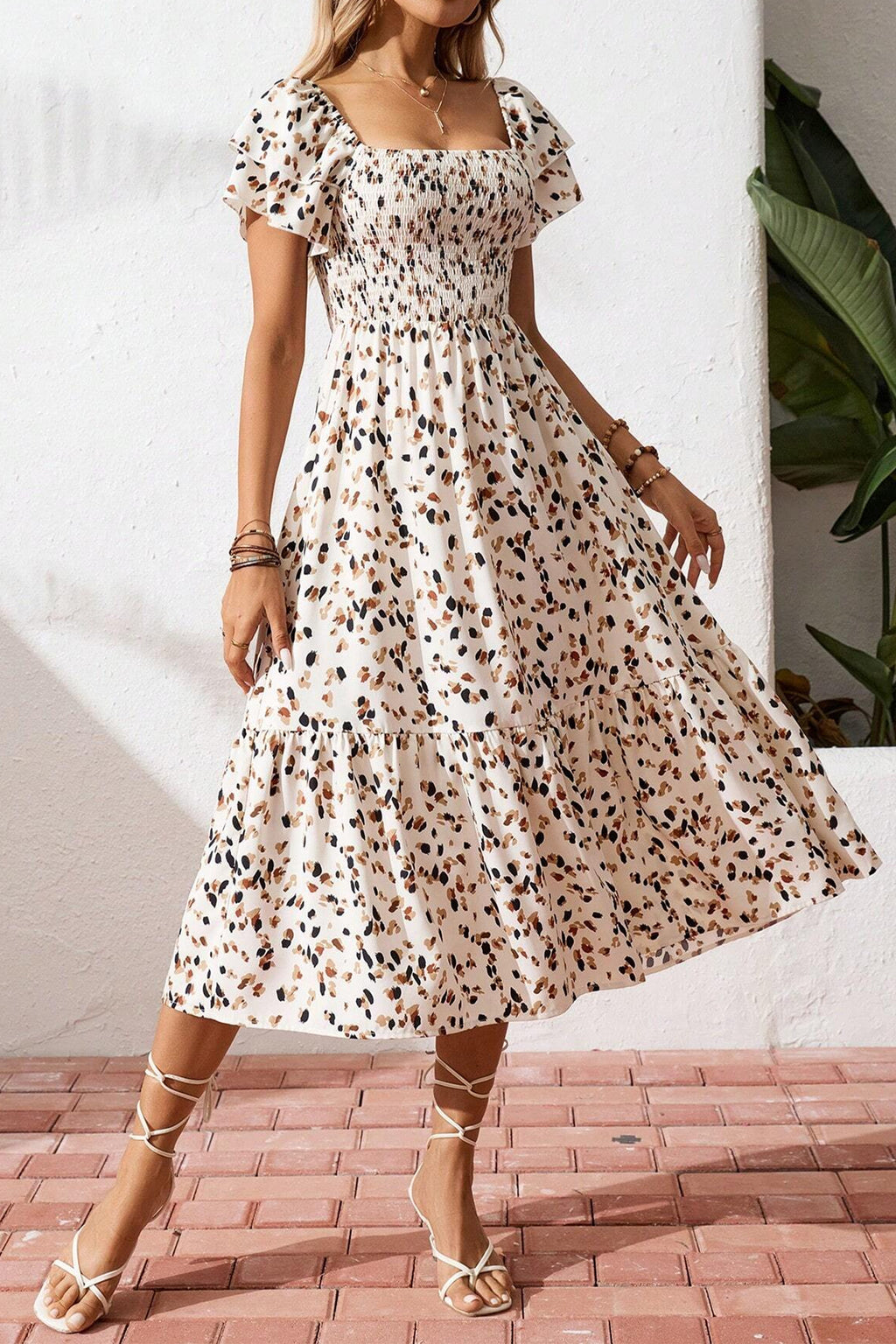 Beige Ditsy Floral Smocked Midi Dress