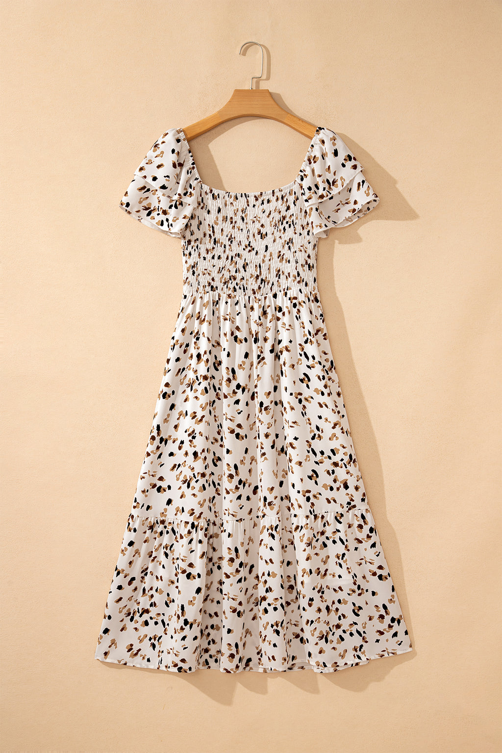 Beige Ditsy Floral Smocked Midi Dress