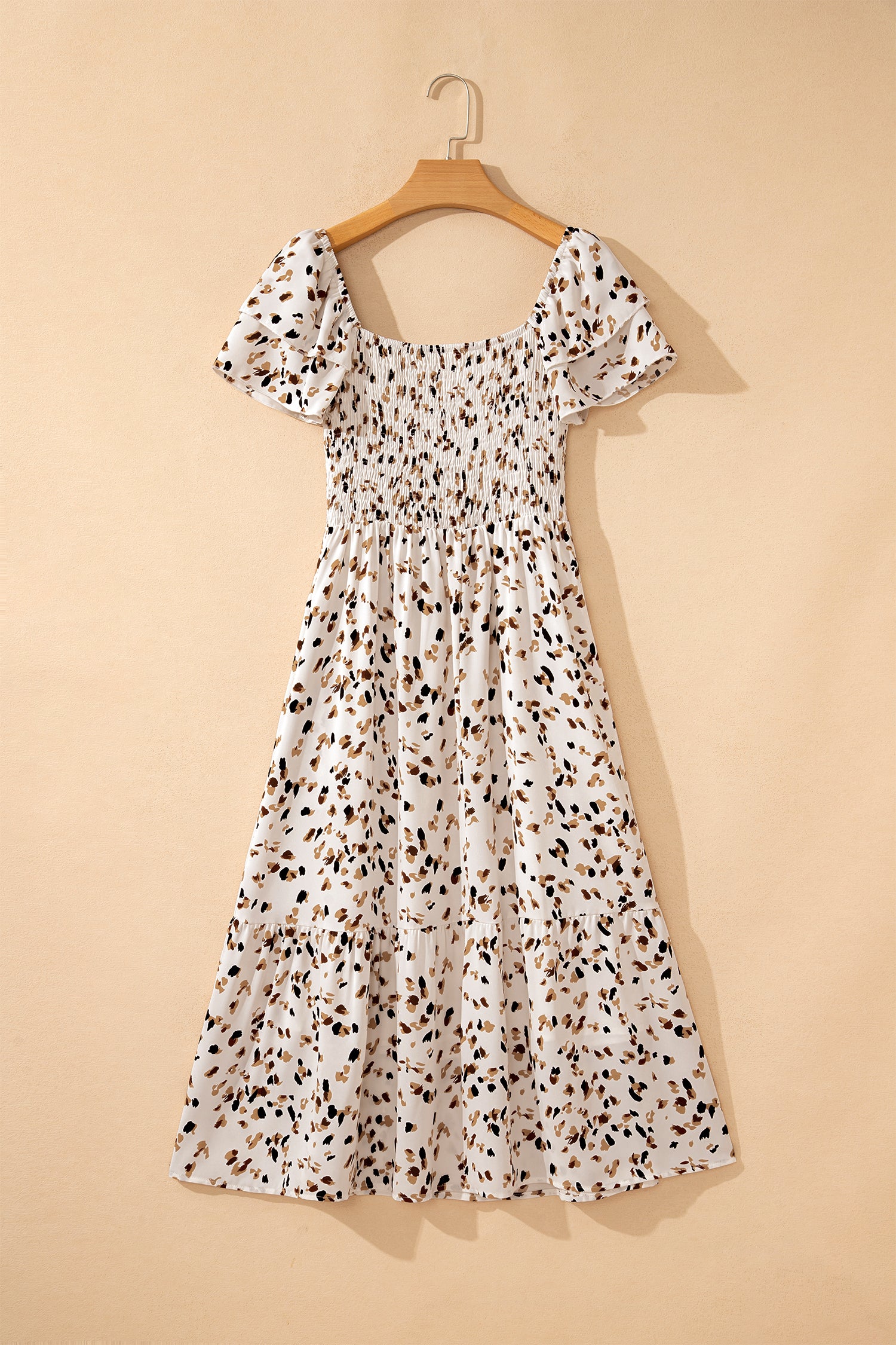 Beige Ditsy Floral Smocked Midi Dress