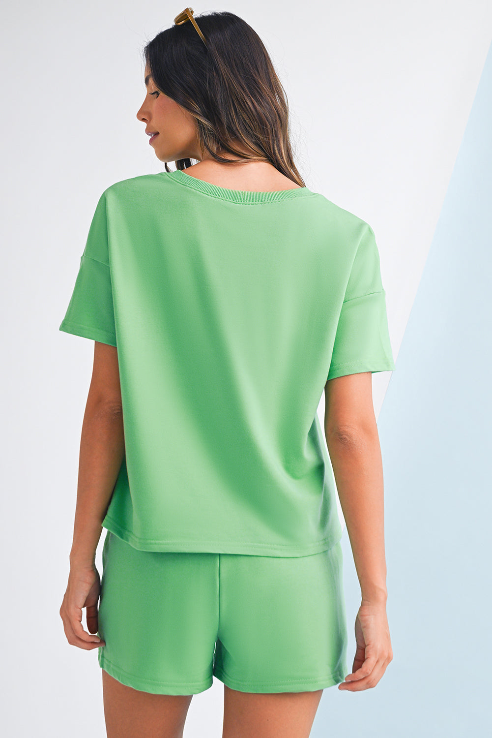 Mint Green V‑Neck Patchwork Shorts Set