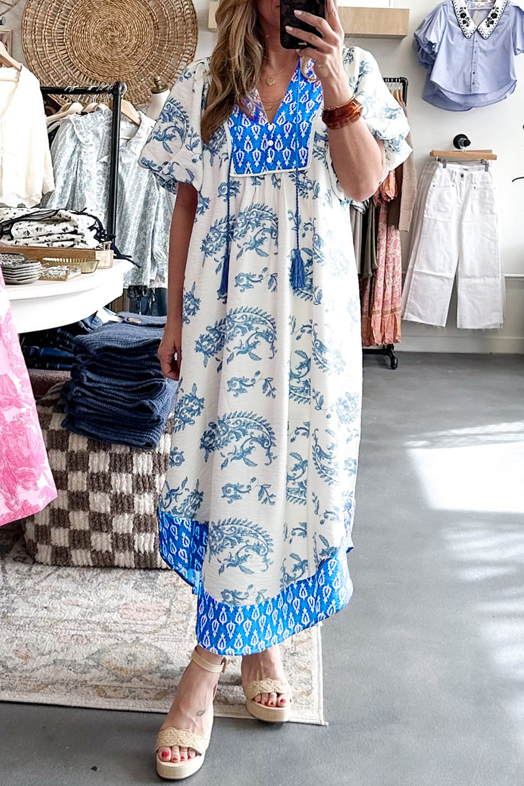 Sky Blue Boho Patchwork Midi Dress