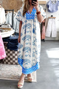 Sky Blue Boho Patchwork Midi Dress