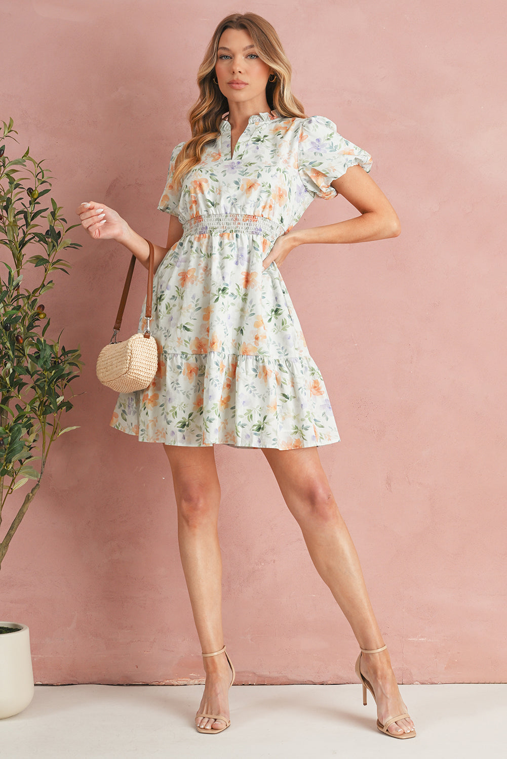 Beige Floral Smocked Puff Sleeve Mini Dres