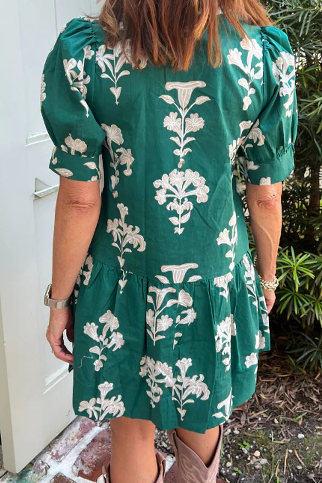 Green Frilled V‑Neck Floral Mini
