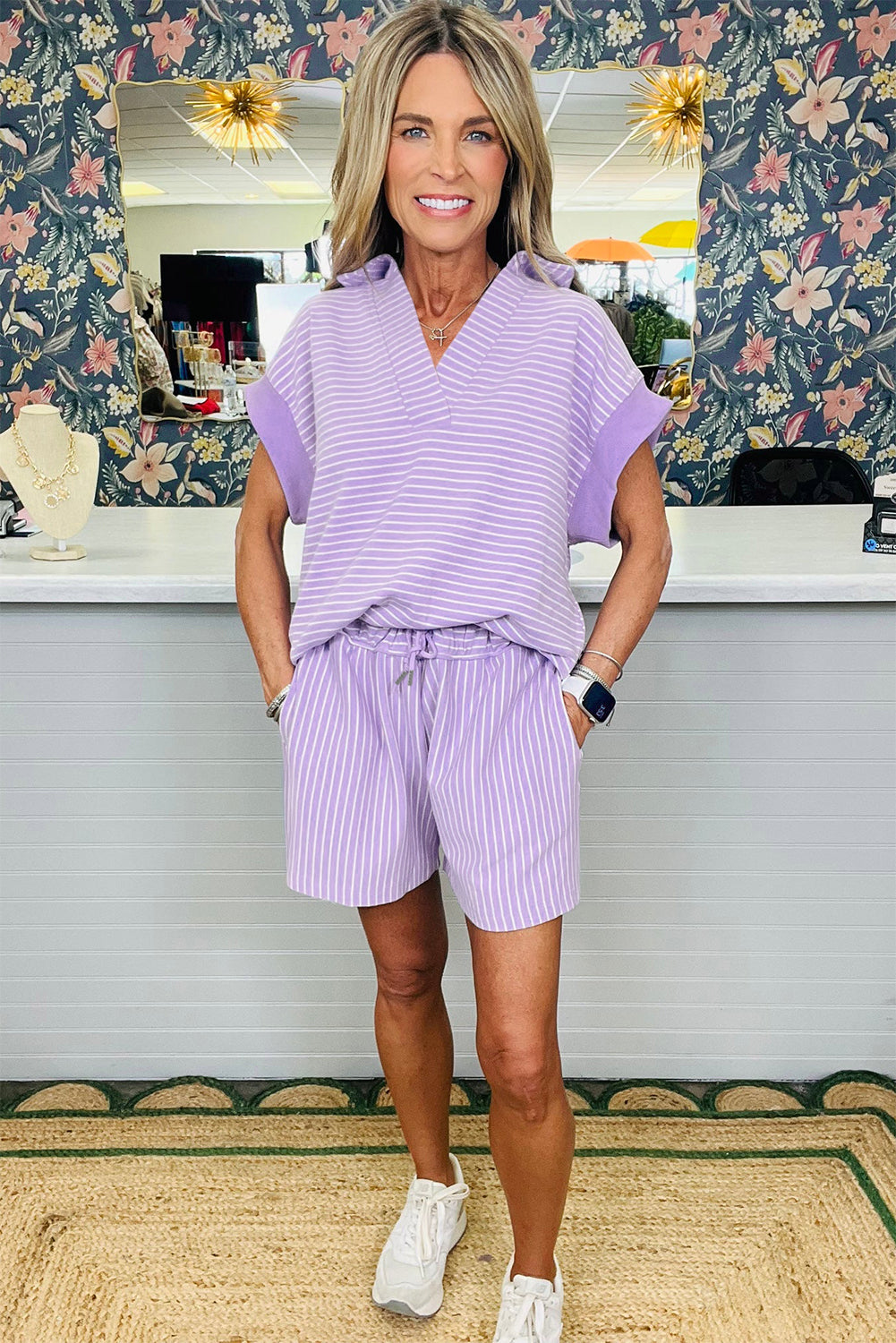 Purple Stripe Polo Tee & Shorts Set