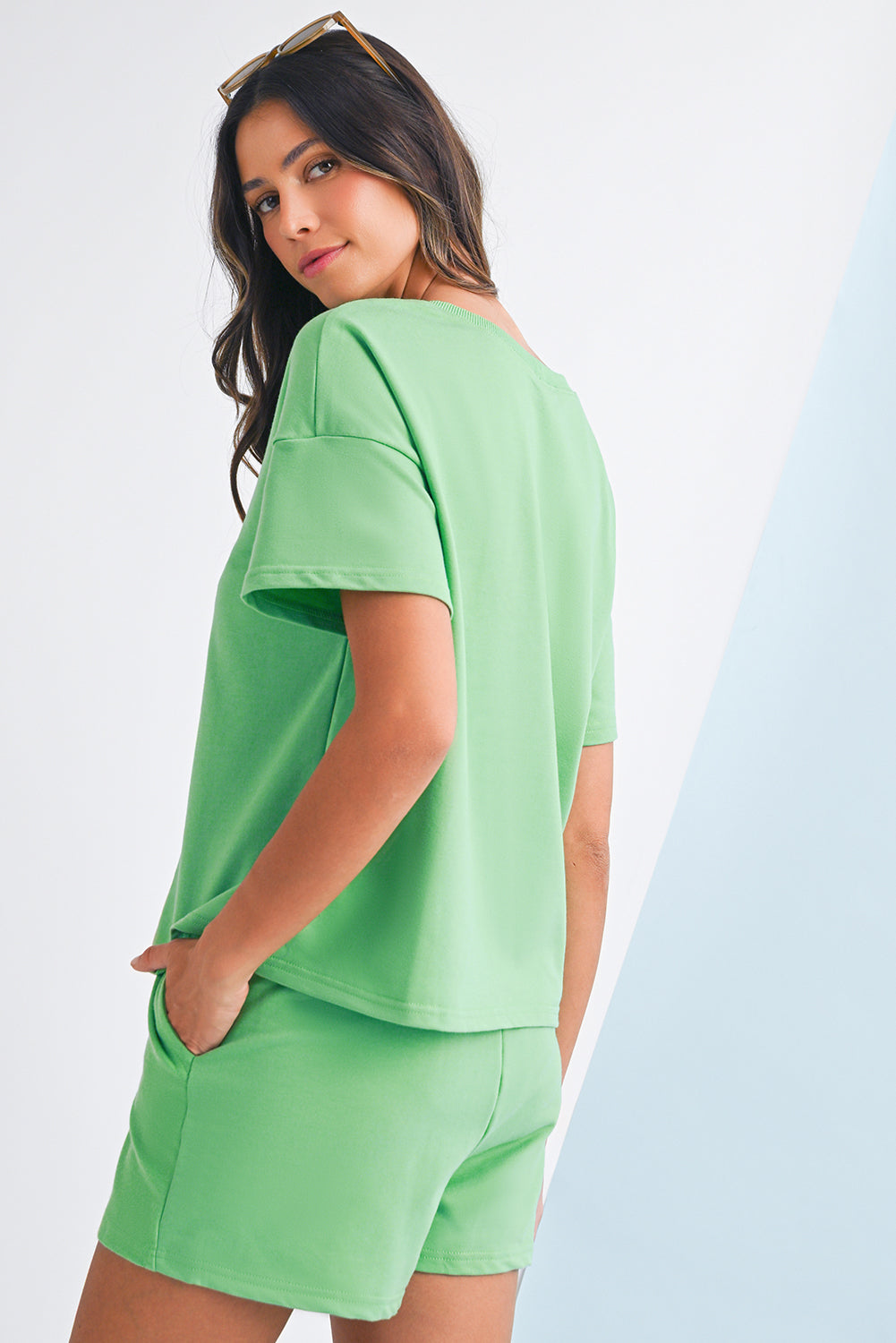 Mint Green V‑Neck Patchwork Shorts Set