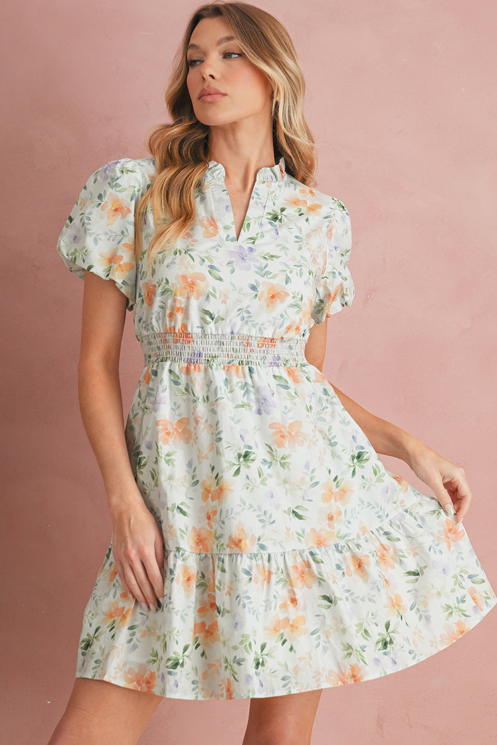 Beige Floral Smocked Puff Sleeve Mini Dres