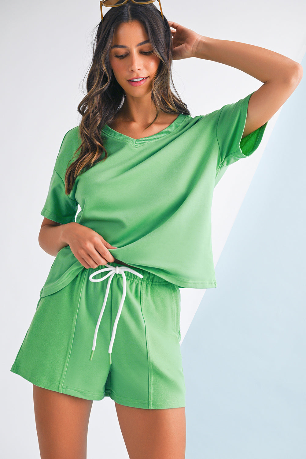 Mint Green V‑Neck Patchwork Shorts Set