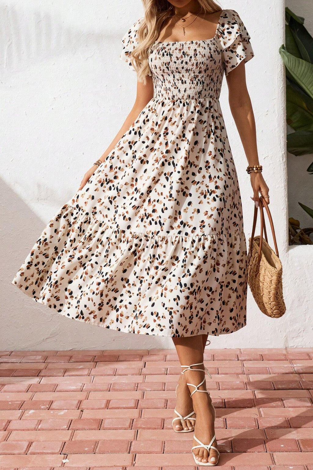 Beige Ditsy Floral Smocked Midi Dress