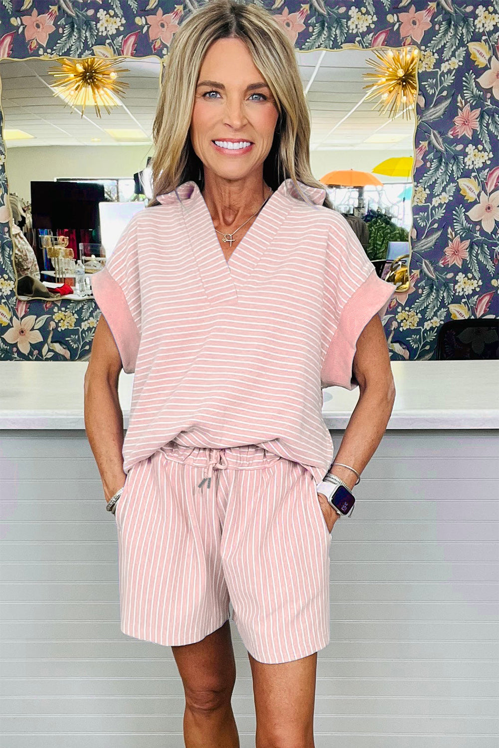 Pink Stripe Polo Tee & Shorts Set