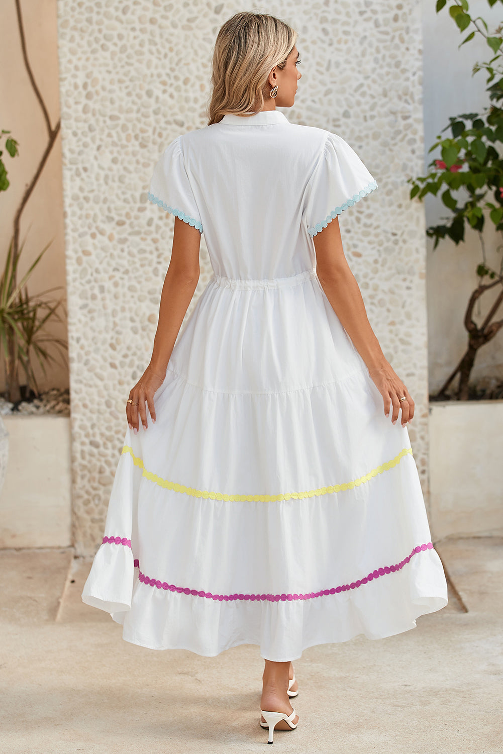 White High Waist Tiered Shirt Dress