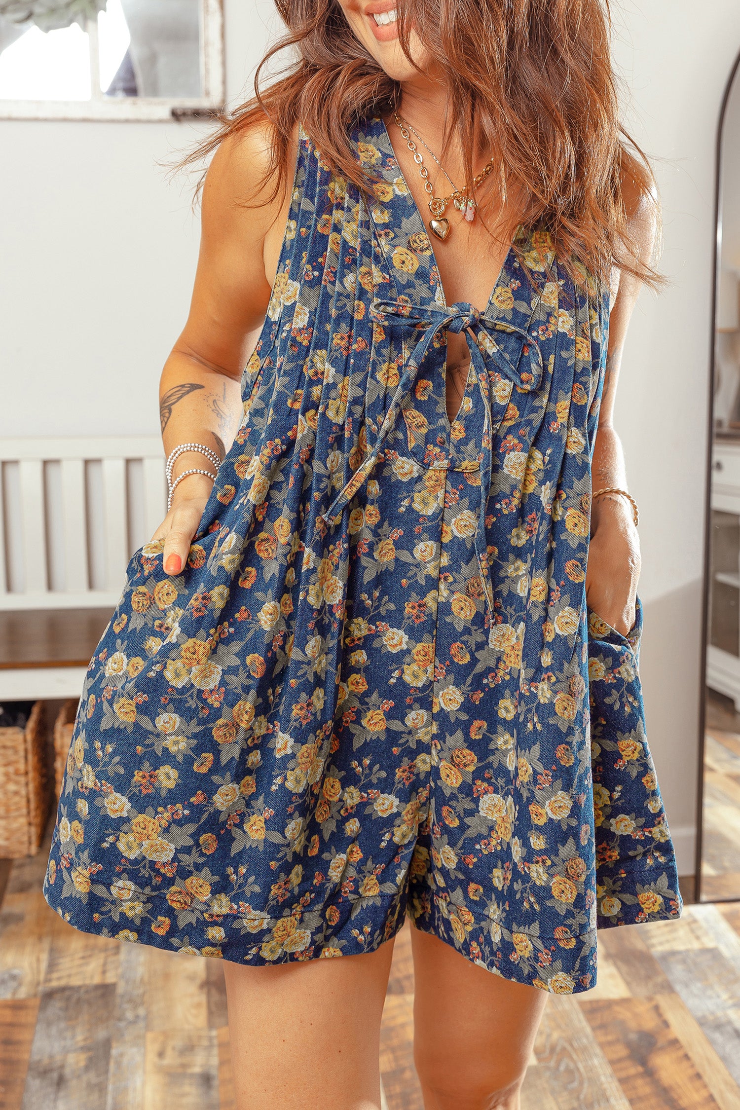 The Blue Bloom Bow‑Tie Denim Romper