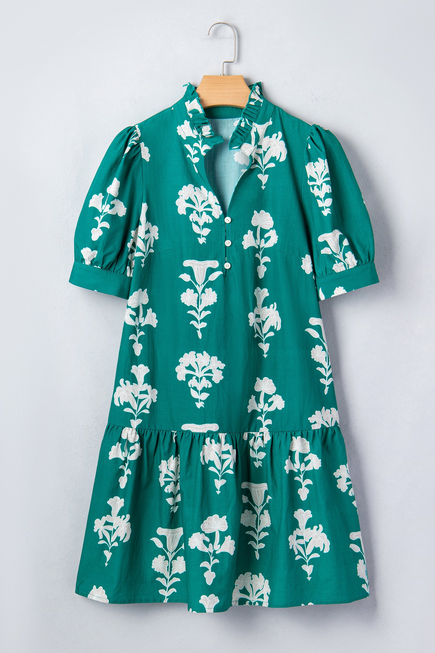 Green Frilled V‑Neck Floral Mini