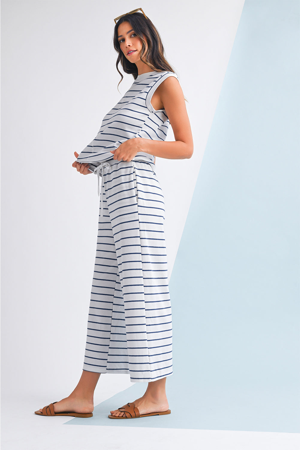 Sail Blue Striped Tee & Wide‑Leg Pants Set