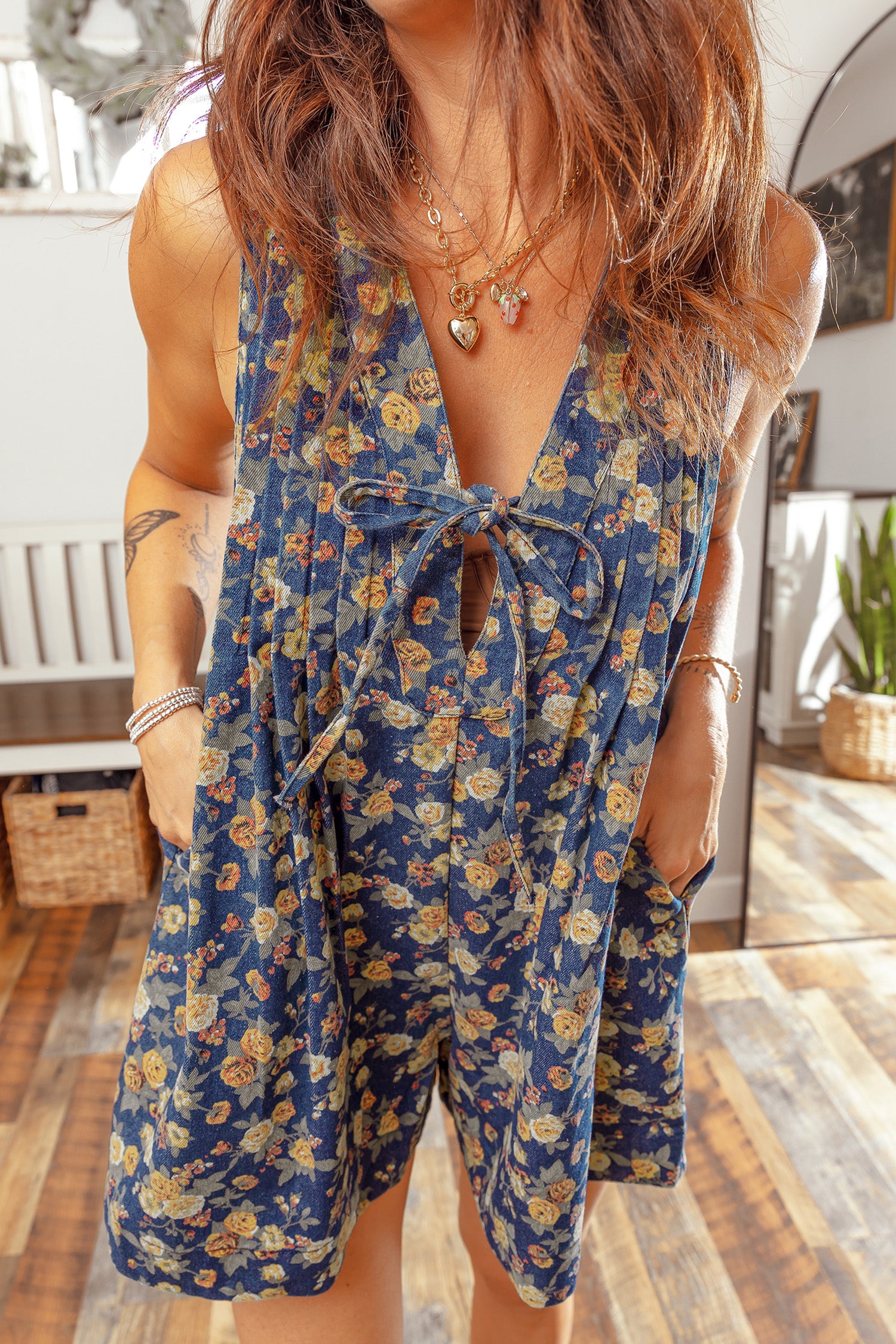 The Blue Bloom Bow‑Tie Denim Romper