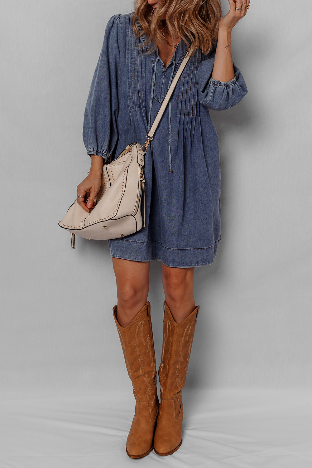 Blue Pleated V‑Neck Denim Mini Dress