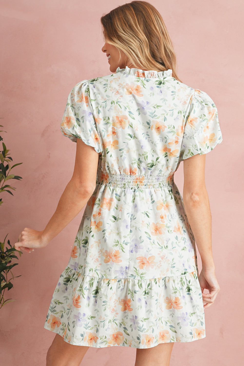 Beige Floral Smocked Puff Sleeve Mini Dres
