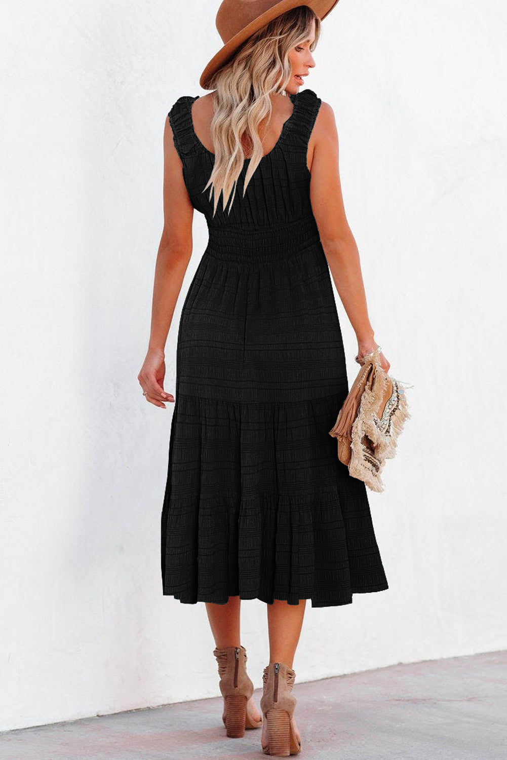 Black Shirred Pleated Square Neck Midi Dress