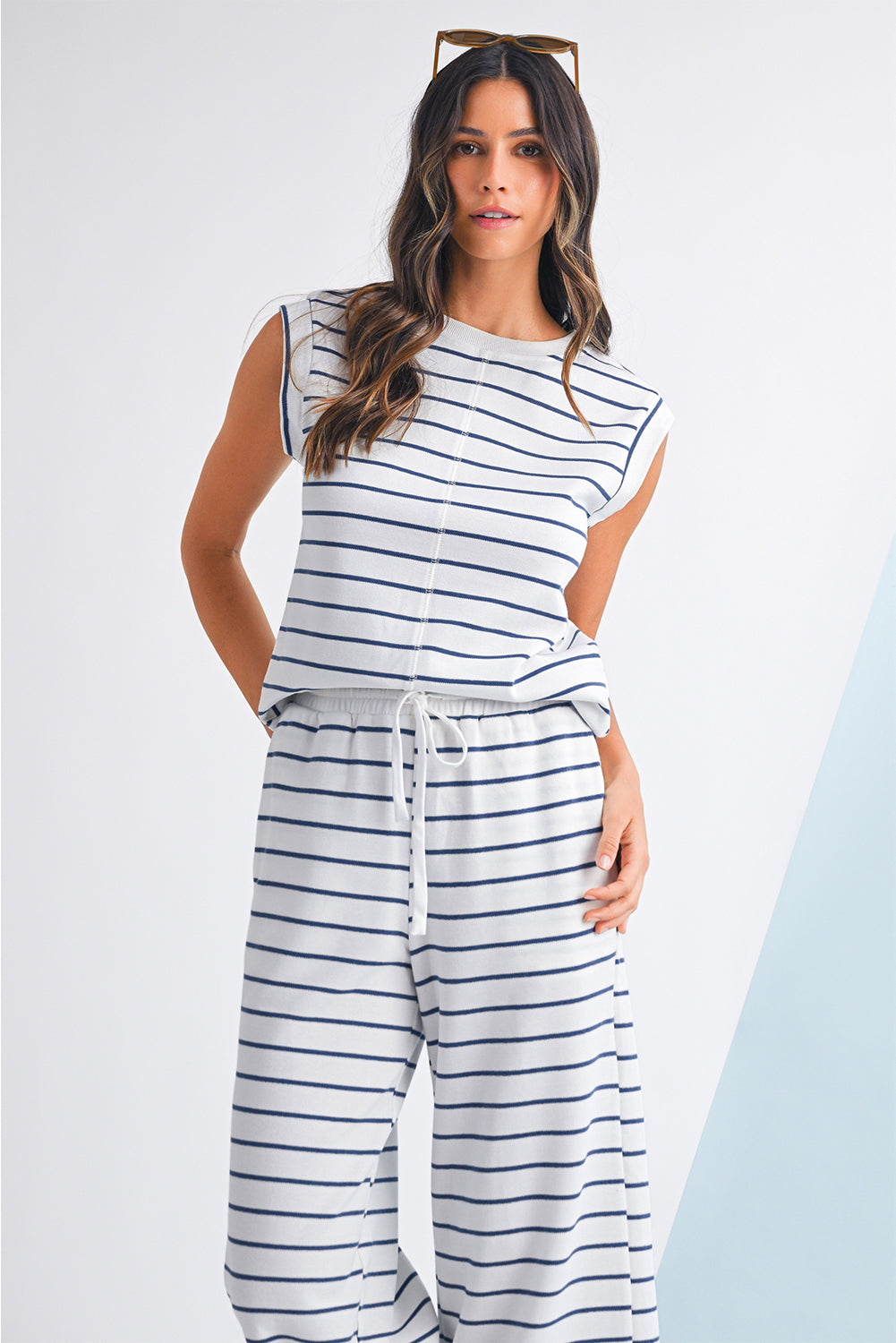 Sail Blue Striped Tee & Wide‑Leg Pants Set