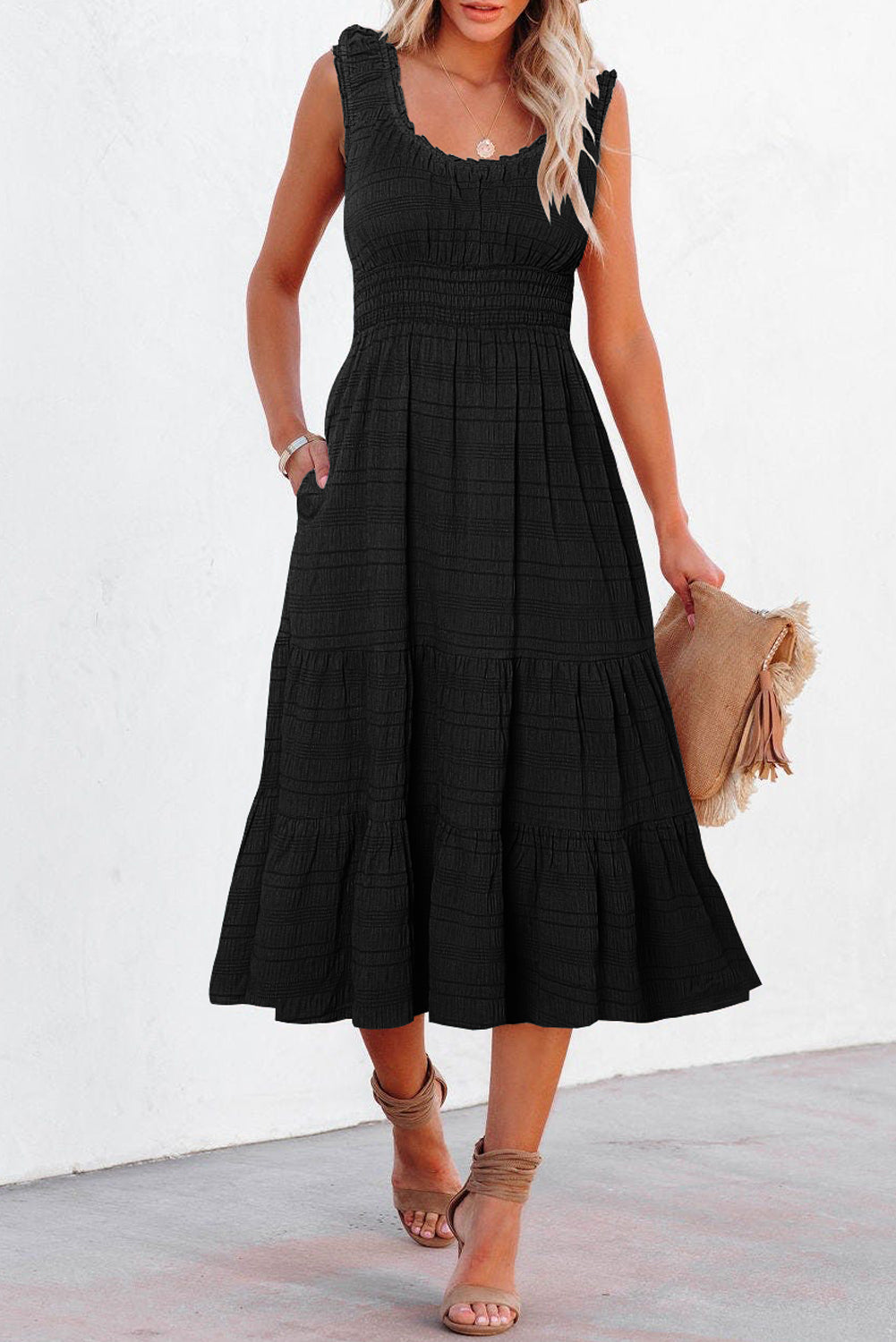 Black Shirred Pleated Square Neck Midi Dress
