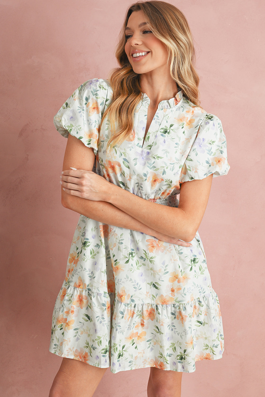 Beige Floral Smocked Puff Sleeve Mini Dres