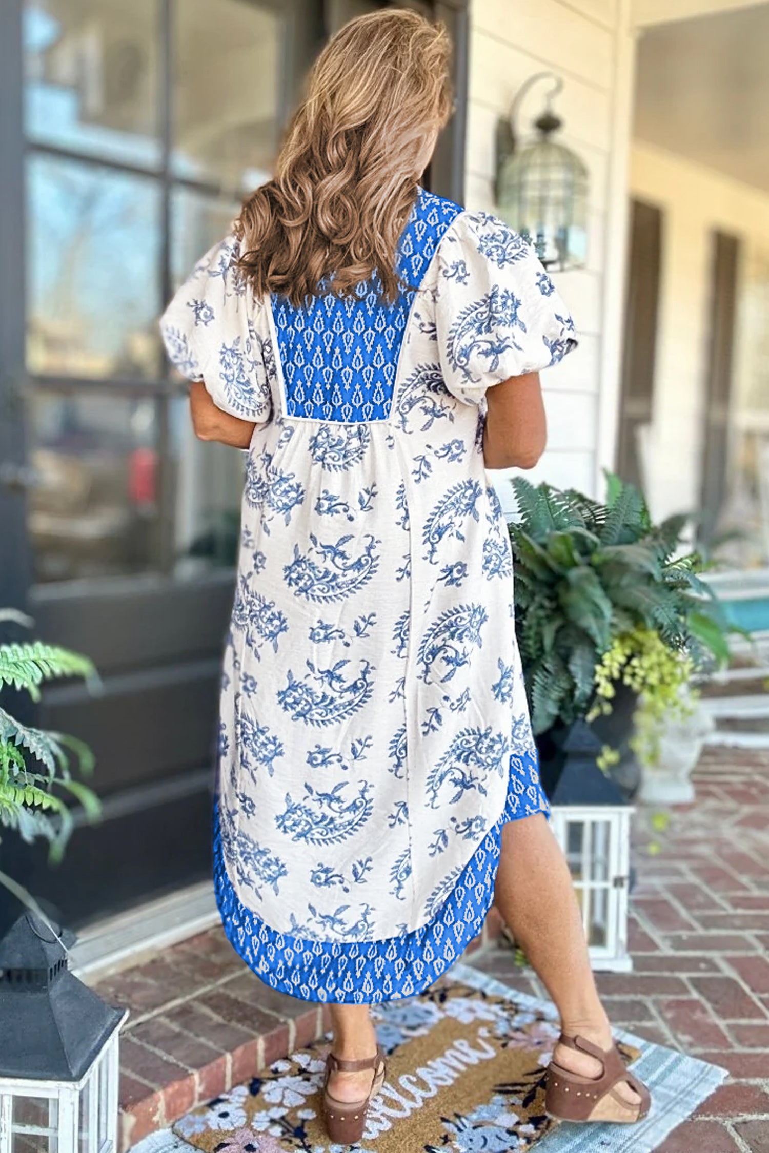 Sky Blue  Plus Size Floral Print Contrast Boho Patchwork V Neck Loose Midi Dress