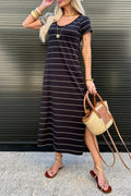Black Stripe Casual Side Slit Maxi T‑Shirt Dress