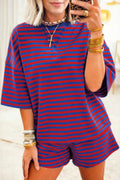 Navy Stripe Ribbed Tee & Shorts Set