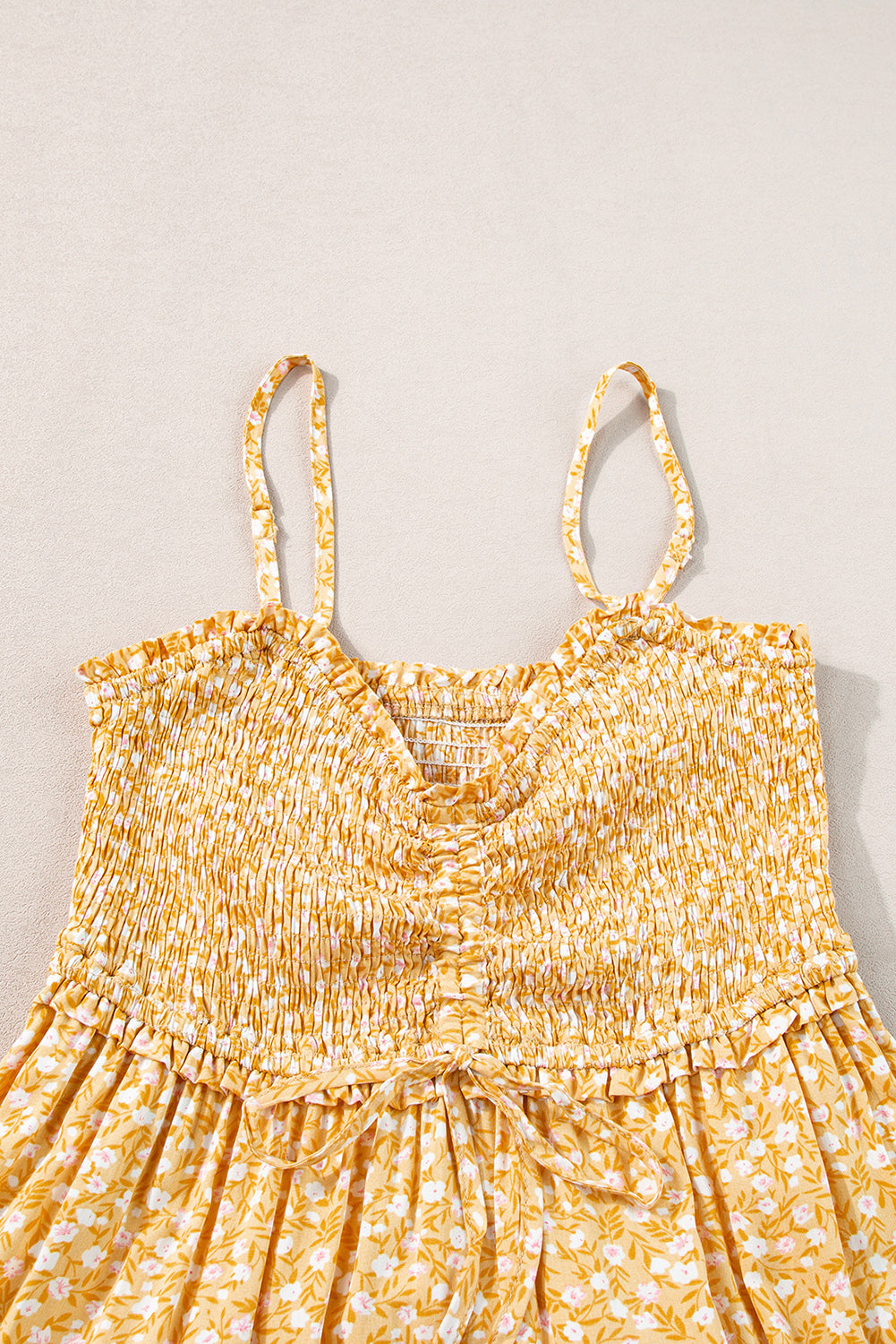 Yellow Frilly Smocked Floral Maxi Dress