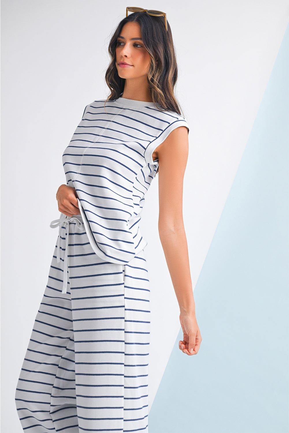Sail Blue Striped Tee & Wide‑Leg Pants Set